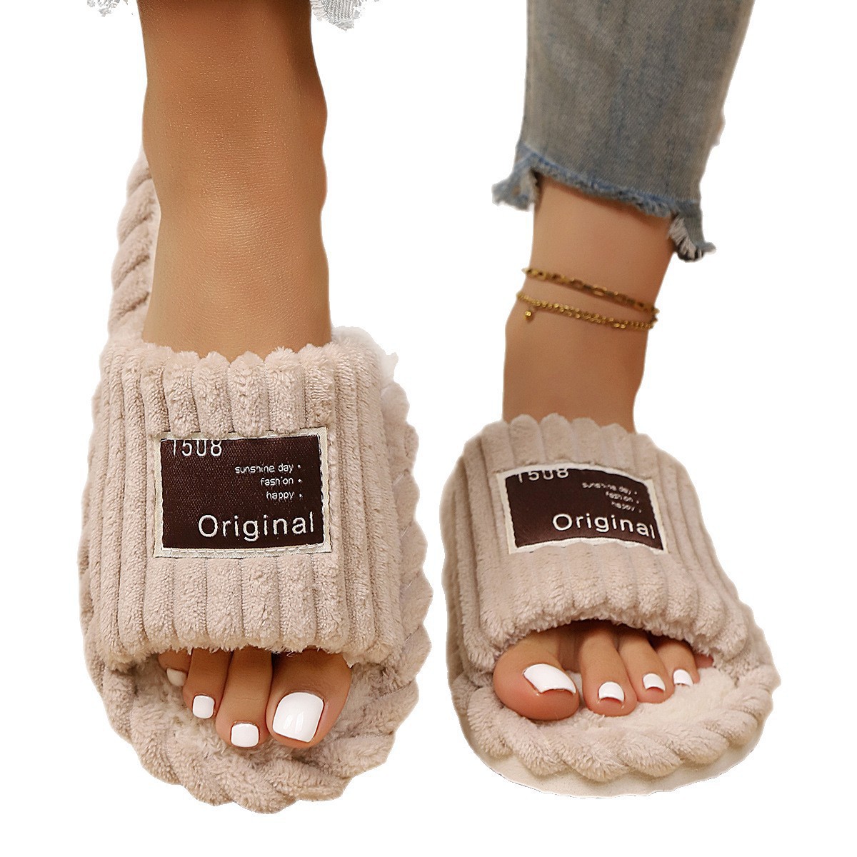Abrir cuatro temporadas zapatillas de lana transfronterizas TEMU mujer ropa exterior antideslizante interior de fondo grueso zapatillas de algodón peludo casero