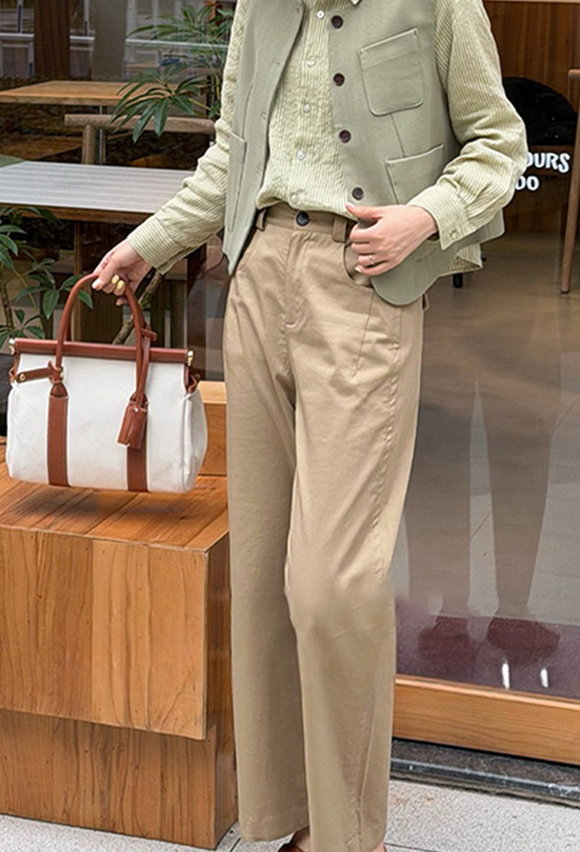Quần dài ống rộng lưng bán co giãn màu kaki phong cách tối giản — Màu kaki chi tiết 1
