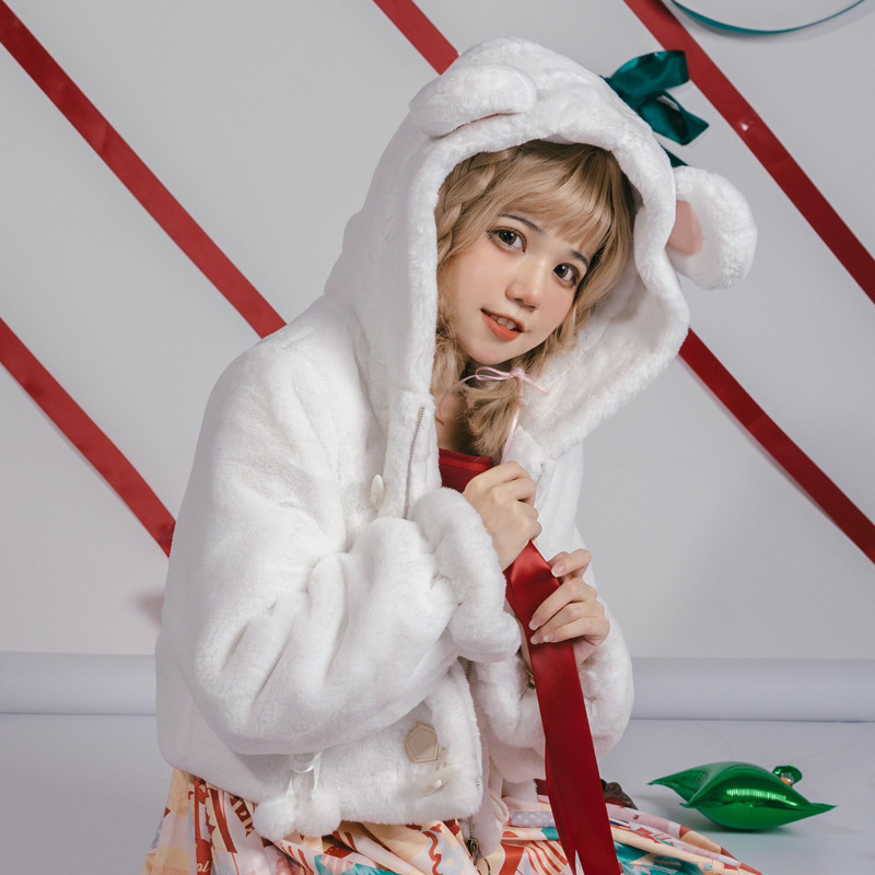 Abrigo Peluche Lolita con Capucha de Piel de Conejo para Otoño e Invierno image 5