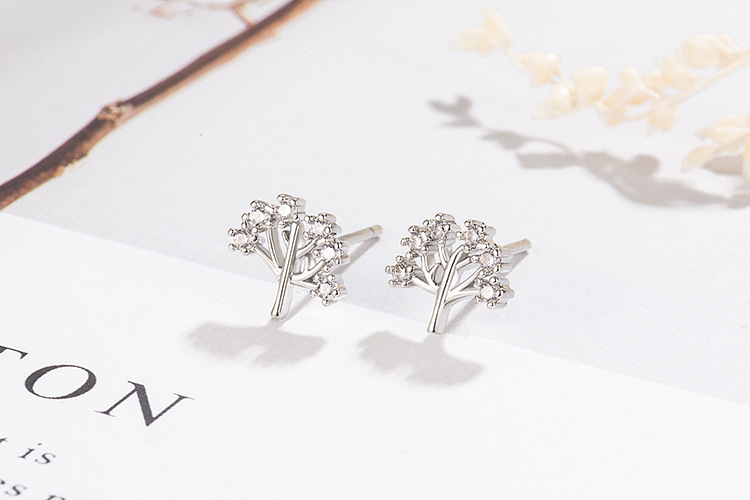 Versión Coreana De Lindos Aretes Plateados Del Árbol De La Vida, Planta Llena De Diamantes Aretes Del Árbol De La Vida display picture 4