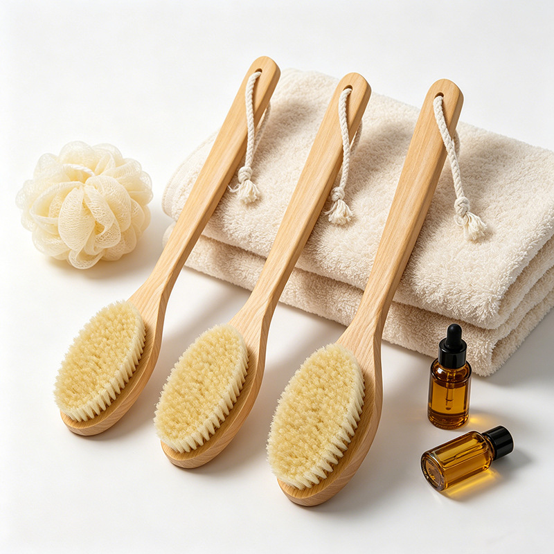 Cepillo de baño de madera maciza con mango largo y curvo, cepillo de masaje transfronterizo, cepillo exfoliante, cepillo de ducha, artículos de uso diario, cepillo para espalda con mango de madera