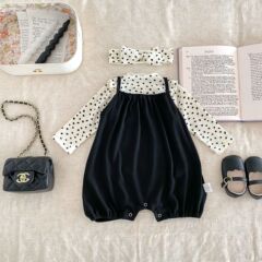 韓版新款童裝女寶寶嬰幼嬰童純棉波點長袖上衣背帶褲套裝+髮帶