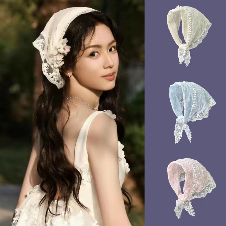Zhou 또한 레이스 삼각형 스카프 여성용 실크 스카프 헤어 벨트 패션 사진 소품 기질 달콤한 스카프 헤어 액세서리
