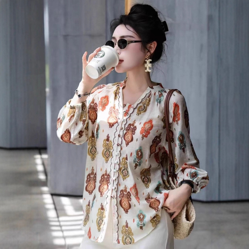 Spring Retro Ethnic Style Printed Shirt Women's V-Neck Three-Quarter Sleeve Loose Slimming Easiest for Match Chic Top