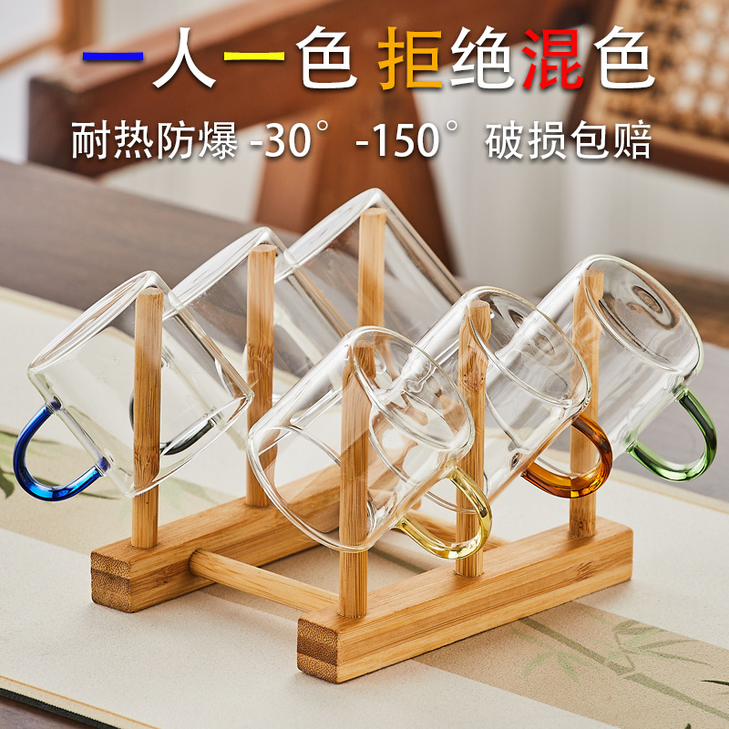 Taza de té de vidrio de alto silicio con mango de kung fu transparente taza de té de sabor de taza de té retrógrado multicolor opcional