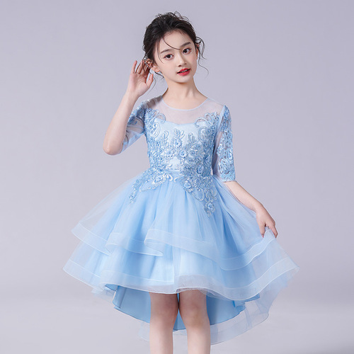 Child's Spring and Autumn Mesh Tulle Train Dress Puff Dress Evening Gown Sleeveless Host Dress Piano Performance Costume
