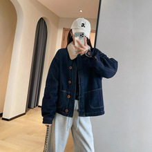 日系复古温暖显瘦羊羔毛翻领短款工装夹棉牛仔外套女25冬G112006