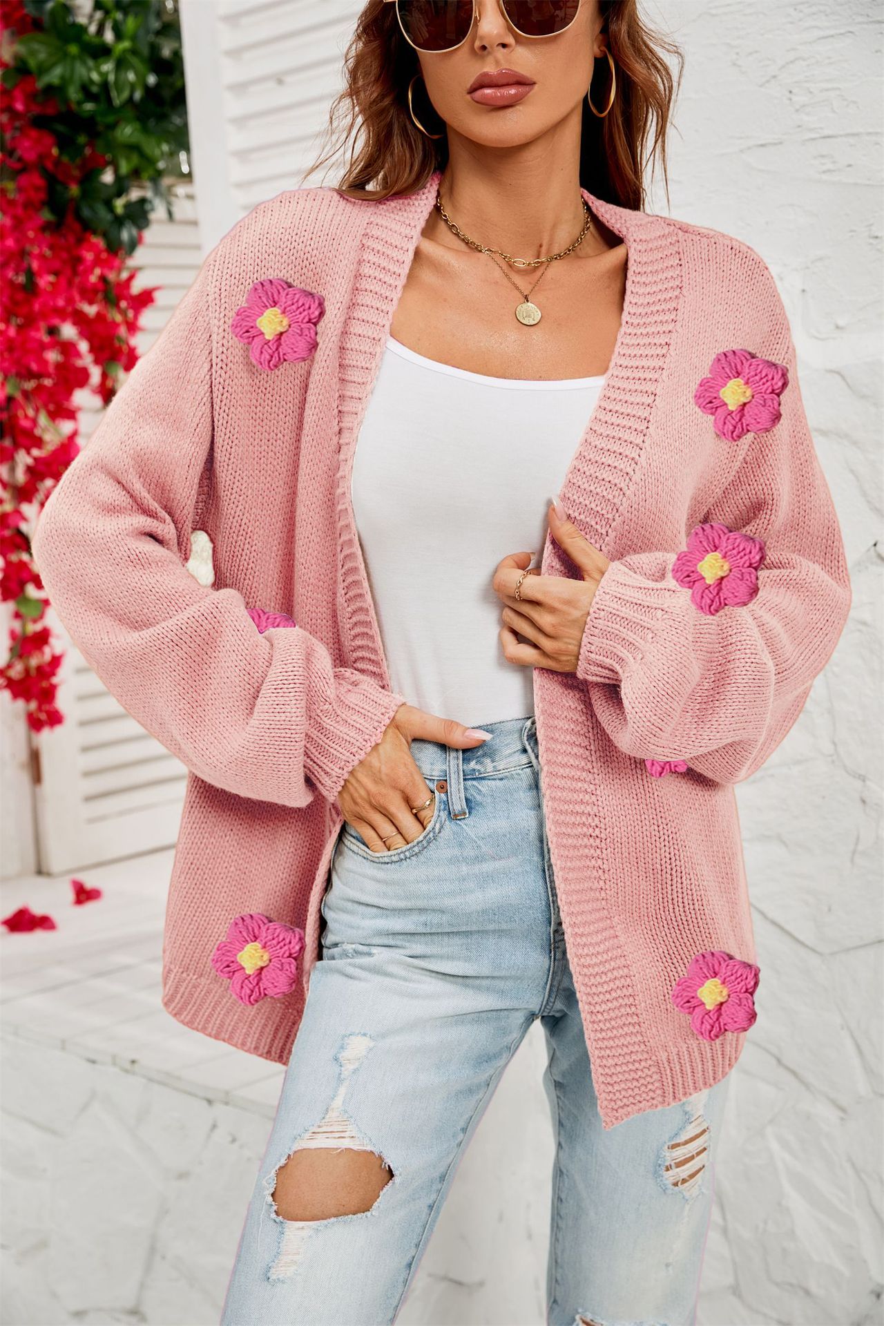 2023 primavera nuevo estilo europeo y americano de talla grande ropa de mujer rebeca de flores transfronterizas de Amazon suéter de manga de linterna chaqueta mujer image 8