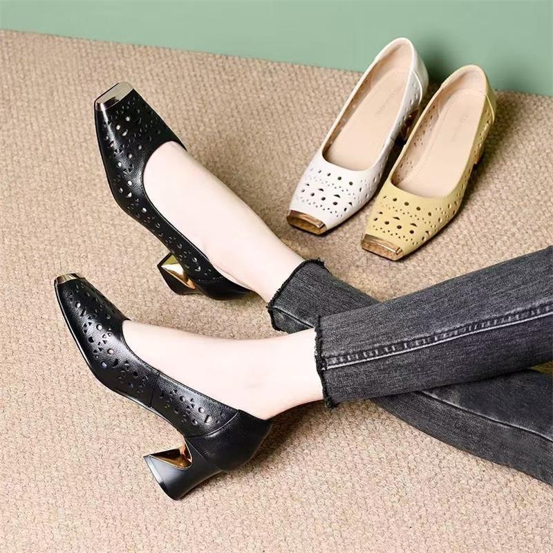 2026 nueva primavera y verano hueco de cuero suave zapatos de tacones de cuero suave zapatos de cuero cuadrado no cansados zapatos de tacones altos