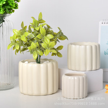 陶瓷花盆多肉盆栽创意绿植盆景园艺简约竖纹圆形大号有孔德化花盆
