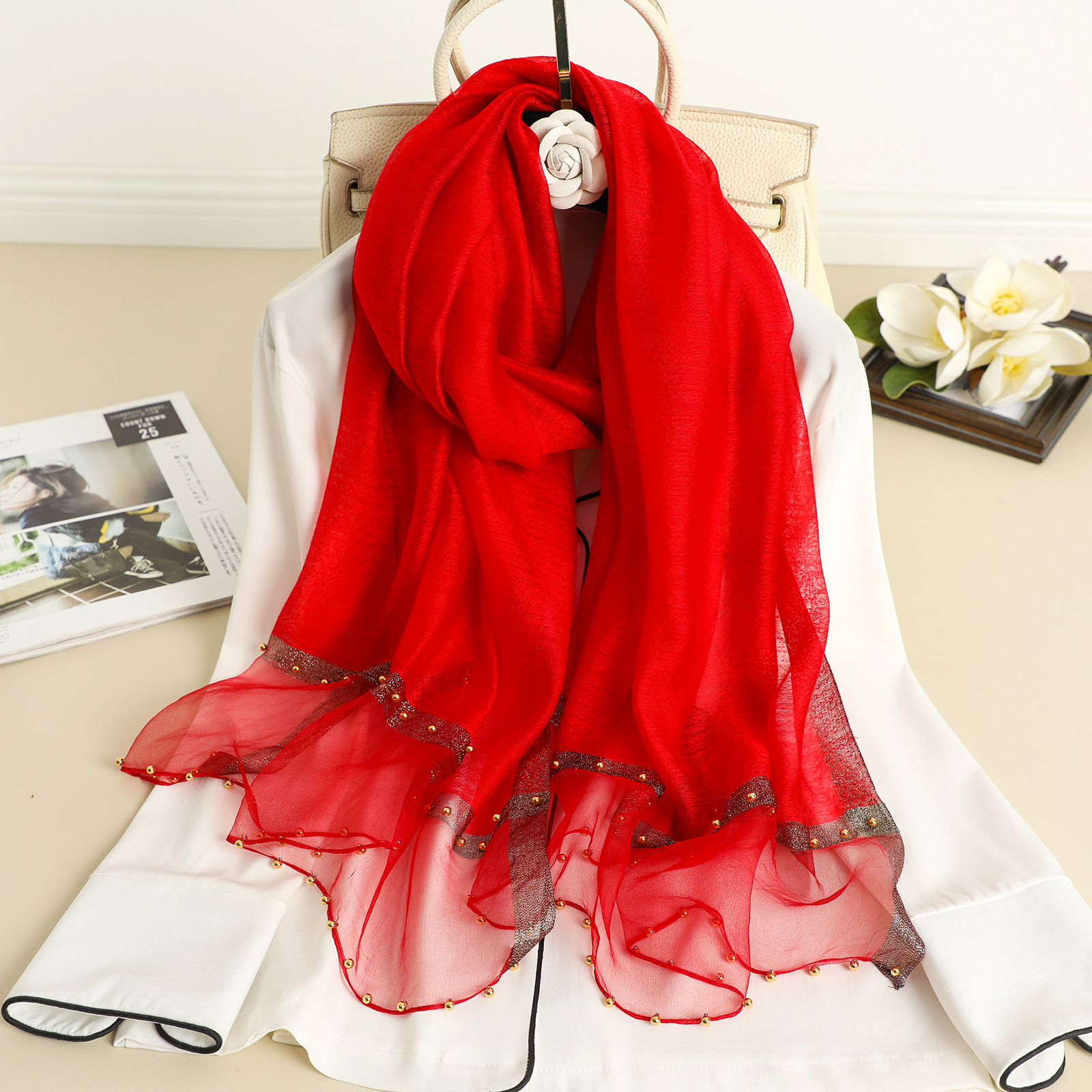 手工鑲珍珠真絲羊毛混紡絲巾 純色女秋冬百搭絲巾 珍珠紋高檔圍巾