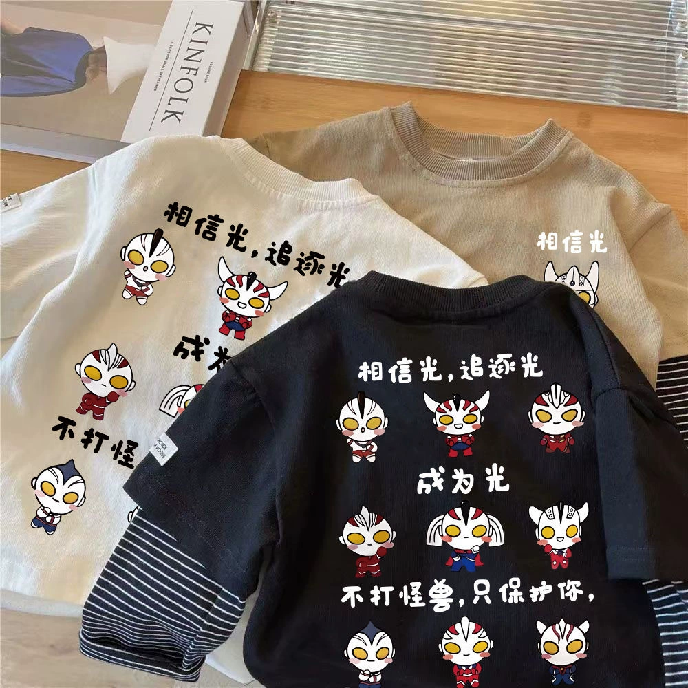 Ultra, autumn cotton T-shirt for boys, long-sleeve, children's set, base body-friendly Ultraman Tiga