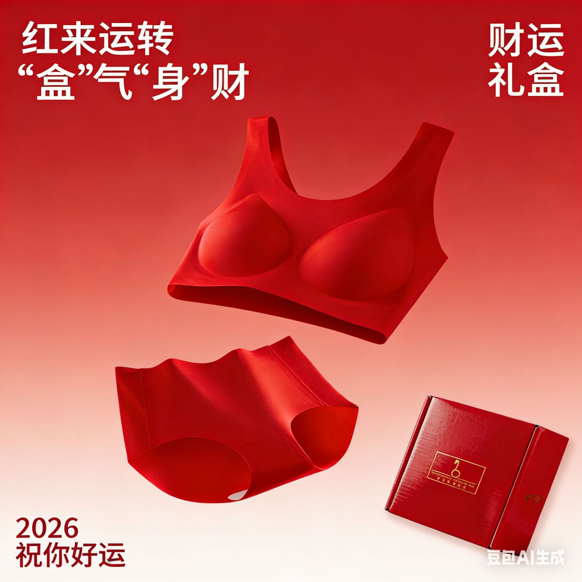 Bright red lingerie set for women, perfect for the New Year, lucky draw, wedding, seamless bra, thin style, push-up and support cups, boxed.