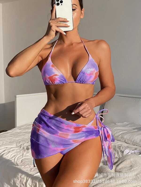 Mingyi nueva moda sexy europea y americana multi-color tie-dyed bikini malla falda de tres piezas traje de baño de las mujeres