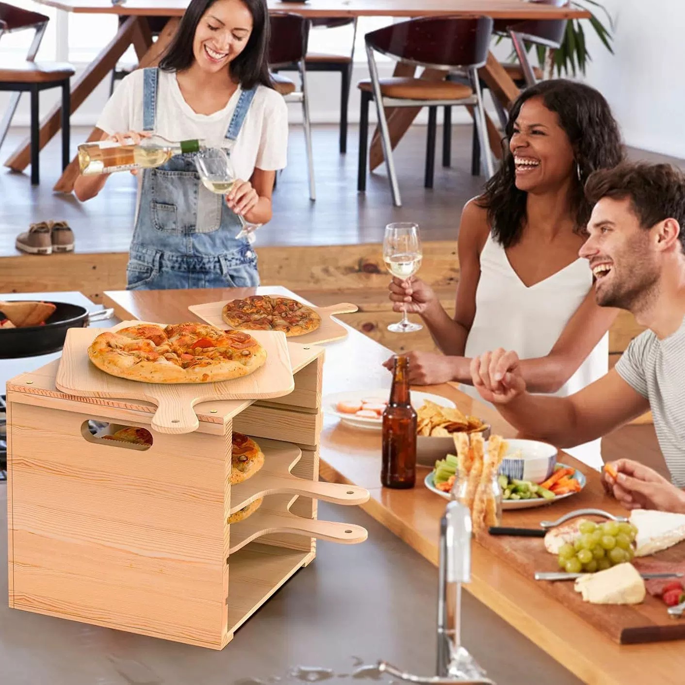 批发实木披萨盘木质披萨架户外野餐熟食托盘带手柄上菜盘面包烘焙