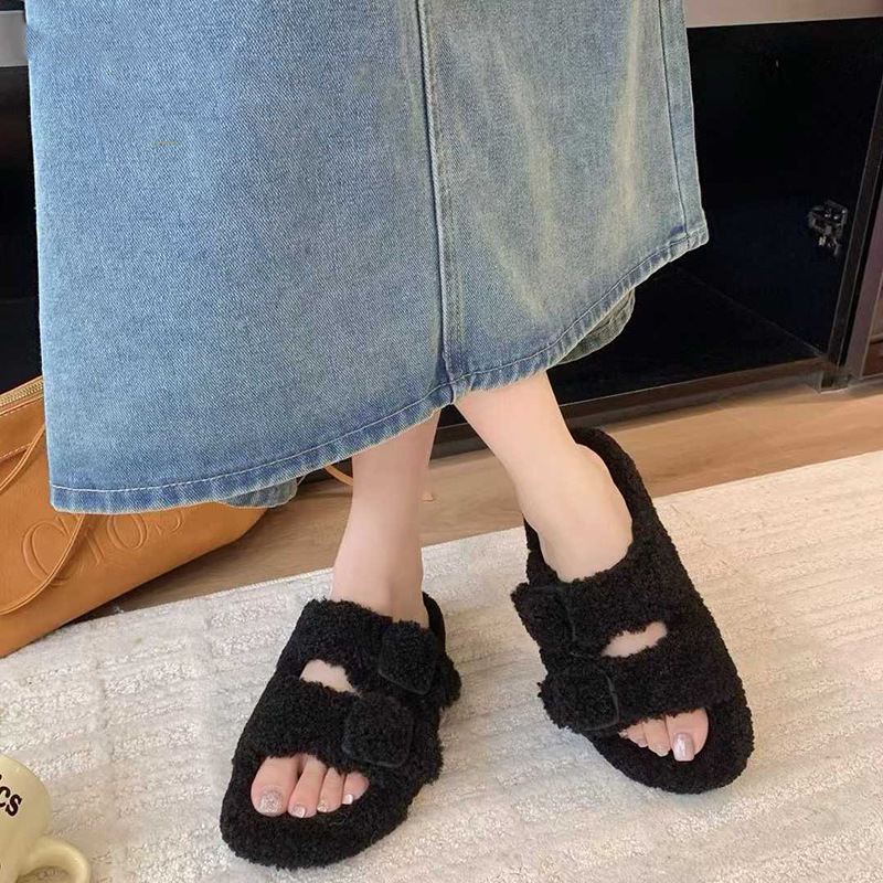 跨境真皮毛毛拖鞋女2025秋冬新款毛毛拖鞋女厚底外穿家居毛毛拖|undefined