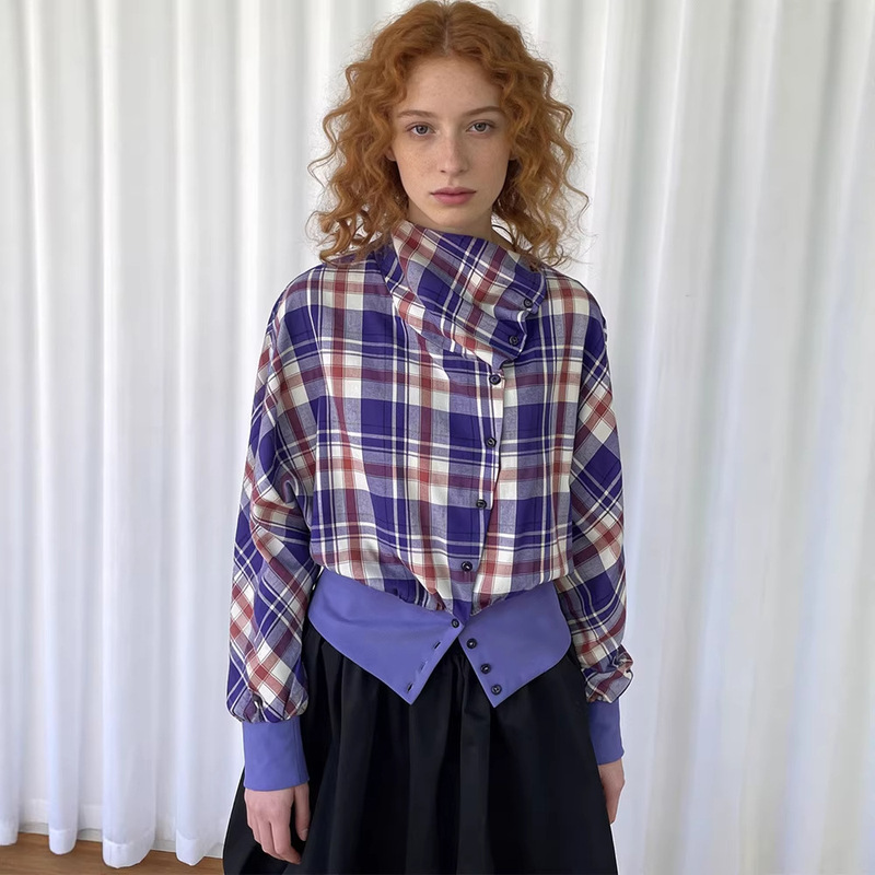 Purple Plaid Pleated Collar Long-Sleeve Shirt Jacket for Women, New Spring Style, Versatile and Slimming Short Top Purple Plaid Pleated Collar Long-Sleeve Shirt Jacket for Women, New Spring Style, Versatile and Slimming Short Top