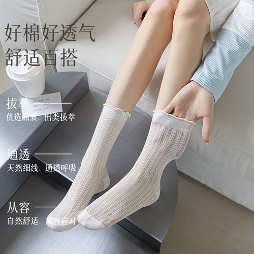 Socks for women with lace and mesh long tube socks, spring and summer fashion style, loose and thin, girls' forest style, pile socks 