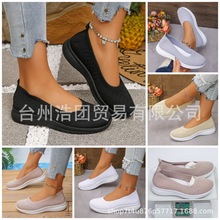 跨境新款飞织大码低跟平底单鞋女外贸飞织网面浅口懒人休闲工作鞋