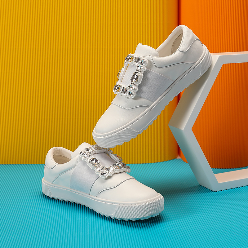 Dropshipping Rhodes Rhinestone Square Buckle Sneakers Women's Casual Shoes Soft Genuine Leather Flats Bottom Cloud White Shoes Dropshipping Rhodes Rhinestone Square Buckle Sneakers Women's Casual Shoes Soft Genuine Leather Flats Bottom Cloud White Shoes