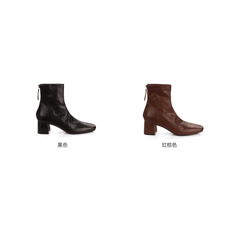 Nuevas botas cortas de otoño e invierno para mujer, estilo francés, con punta cuadrada pequeña, de cuero de caballo texturizado y desgastado, con tacón grueso, versátiles y que estilizan la figura.