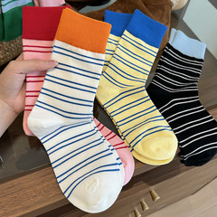 多巴胺撞色條紋襪子女中筒襪春秋款棉襪潮網紅韓版長筒襪堆堆襪夏