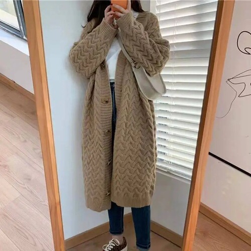 Languid-style solid color mid-length cardigan for women, suitable for spring, autumn, and winter, unique design sense, knee-length knitted sweater, loose outerwear