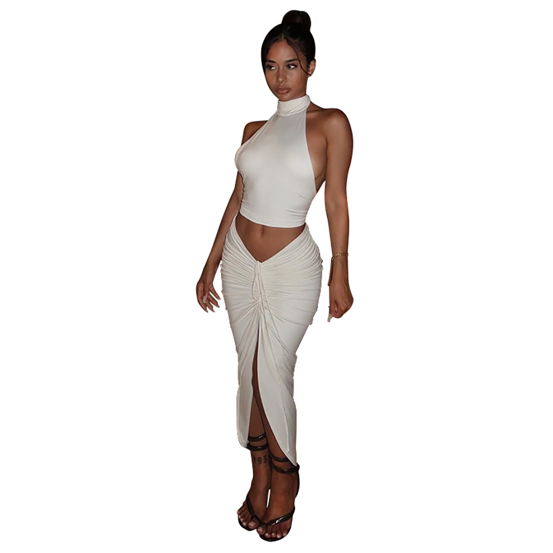 Summer Women Clothing Solid Color round Neck Cropped Backless Top Drawstring Mid Length Dress Set