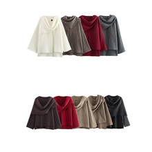 外贸2024秋季欧美跨境女装不对称围巾短款针织大衣外套 w063 2819