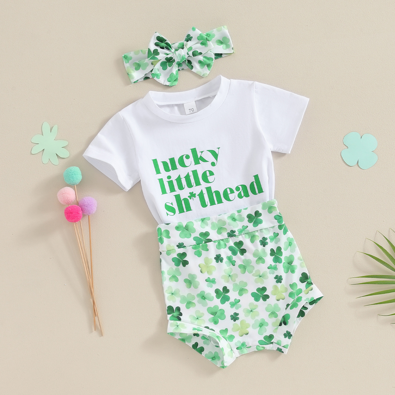 St. Patrick Pastoral Four Leaf Clover Cotton Baby Clothing Sets display picture 3