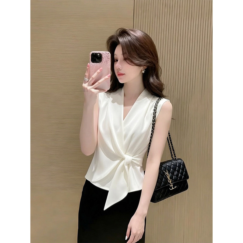 Áo sơ mi nữ không tay cổ V thắt nơ phong cách Pháp — màu trắng chi tiết 3