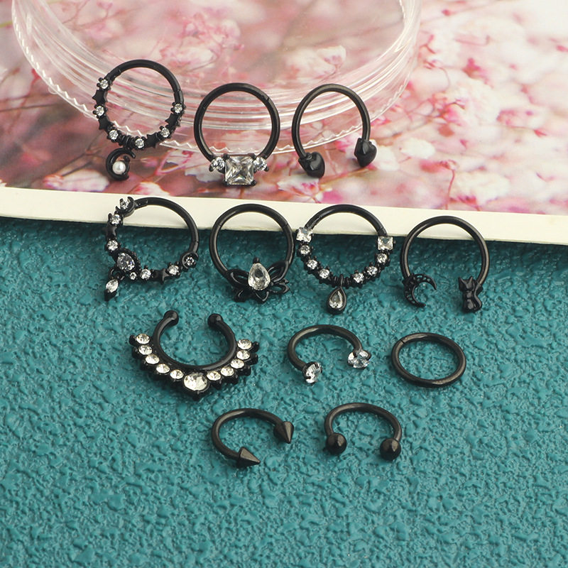 Amazon Hot Sale Nose Ring Set Stainless Steel Micro Inlaid Zircon Chrysanthemum Nose Ring Trend Puncture Nose Nail 12-Piece Set detail image 10