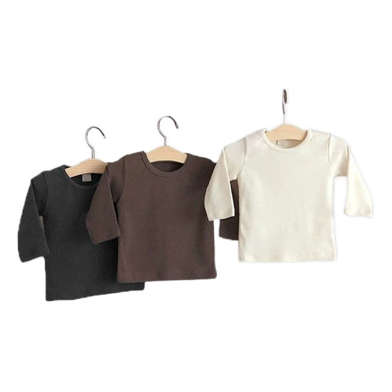 Детская весенняя футболка с длинными рукавами в корейском стиле класса А, хлопковая одежда для малышей с круглым вырезом, экспортная однотонная базовая рубашка.