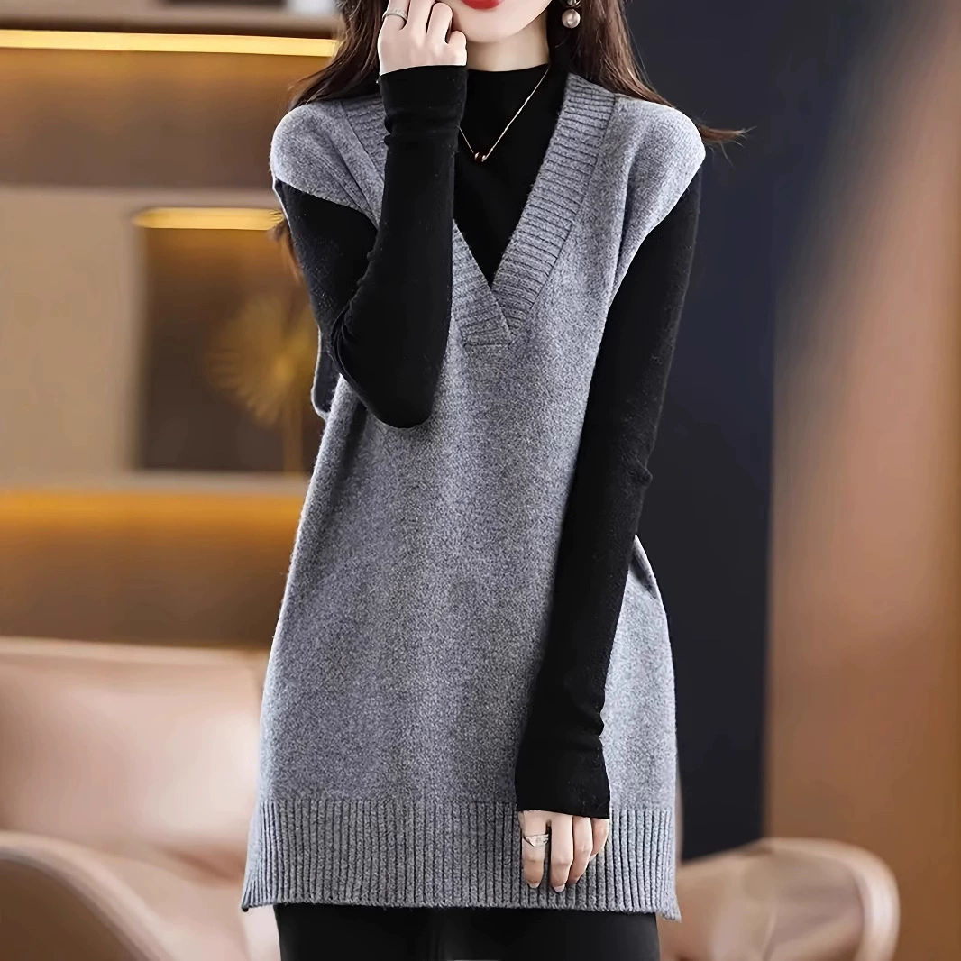 2024 осенний мягкий клейкий свитер большого размера женский новый сплошной цвет свободный V-образный вырез