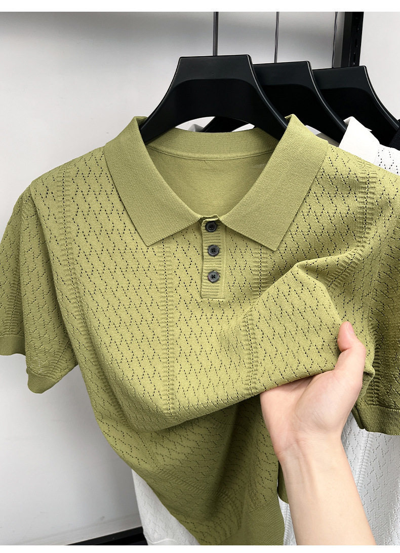 Men's Summer Cool Hollow Out Design Polo Shirt Luxury Style Elegant Retro Short Sleeve T-Shirt For Casual Wear_viptrois.com