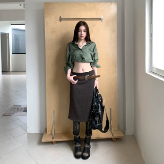 秋冬美拉德配色半裙女2026秋冬新款千金感针织包臀中裙+军绿衬衫