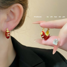 原创复古轻奢红色滴油镶钻玫瑰花耳扣小众精致高级感时尚百搭耳饰