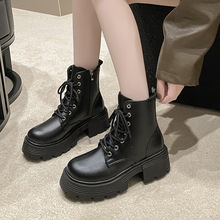 英伦风黑色显瘦马丁靴女2023新款冬季复古厚底小个子短靴子