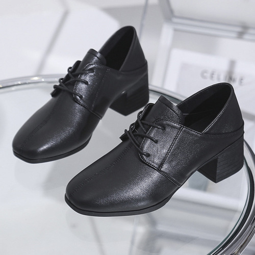 Pigskin Women's Spring and Summer Retro British Style Slip-on Work Shoes with Soft Sole Laces Fashion Sneakers