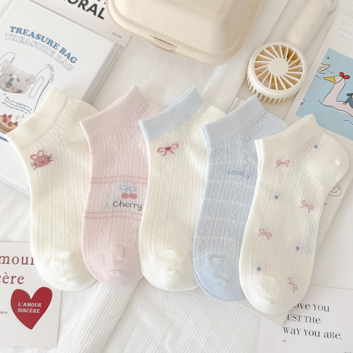 Children's summer thin socks, girls' short boat socks, cute cartoon rabbit bow, low-cut cotton socks, hollowed-out mesh, breathable