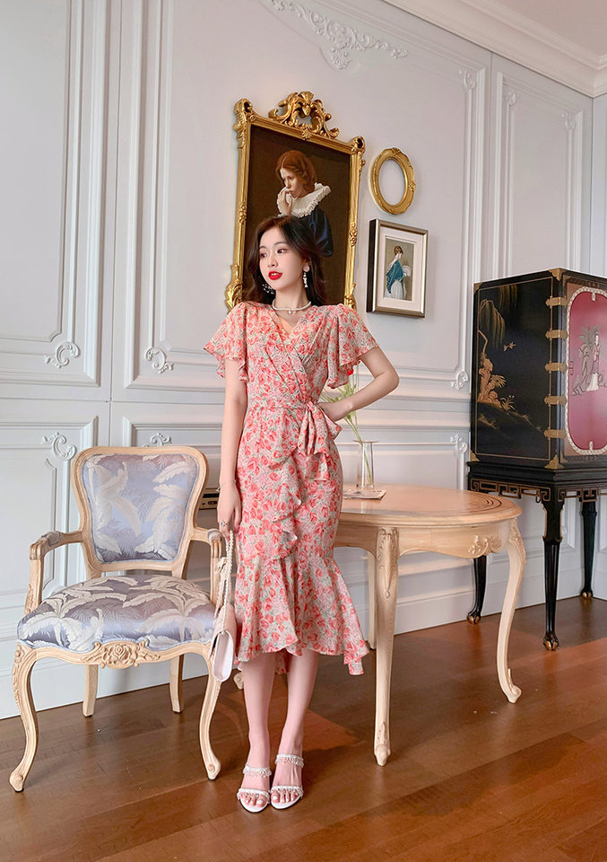 Váy maxi đuôi cá voan xếp tầng kiểu Pháp tay bồng che khuyết điểm — Màu xanh lá chi tiết 21