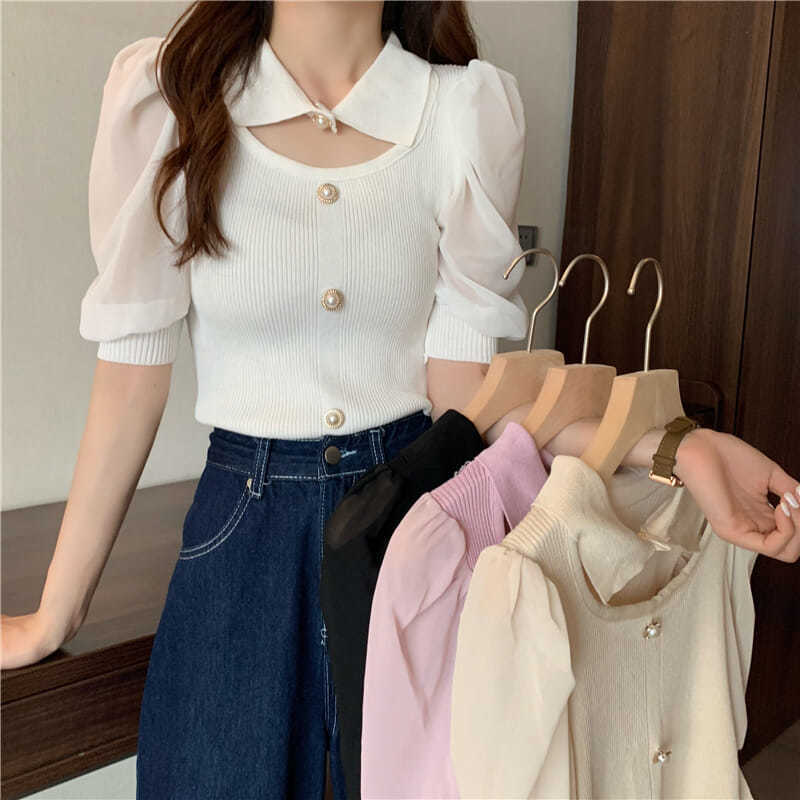 2023 New Versatile Sweet Puff Sleeve Design Slim Knitted Short-Sleeved Women's Summer Thin Short Sweater Top