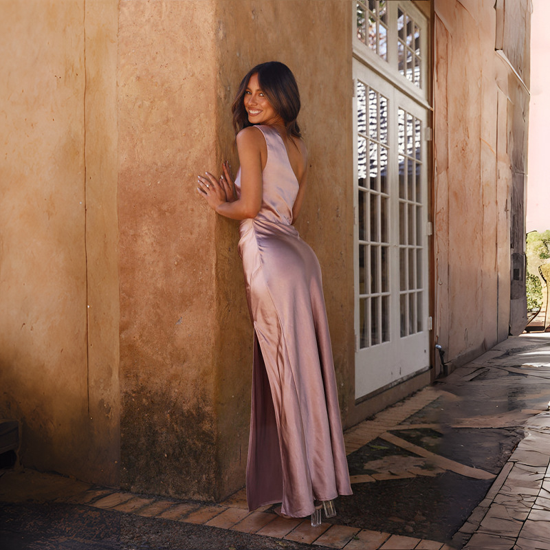 Women's Clothing Elegant Satin Dress All Season Slim Fit One Shoulder Sexy Slit For Women For Formal & Casual_ecoleips.com