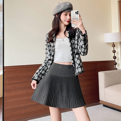 Woolen pleated skirt women's autumn and winter new high-waist slimming A-line fine pleated skirt winter thickened half-length skirt