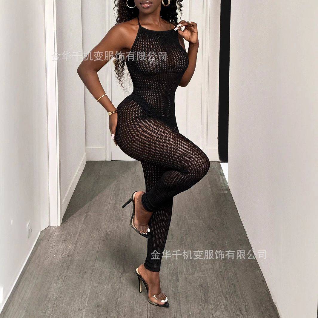 European and American Cross-Border 2025 Summer New Women's Halter Sleeveless Mesh See-Through Cut Out Sexy Slim Jumpsuit for Women
