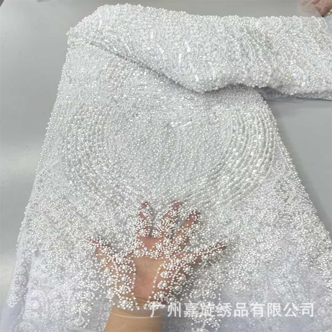 Tela blanca con cuentas y lentejuelas, tela de encaje de malla para vestidos de novia y vestidos de gala.