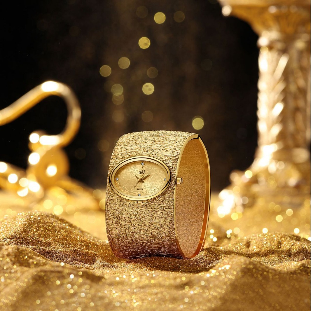 ASJ外贸中东爆款女士手镯表 金色奢华树皮纹简约女士石英表