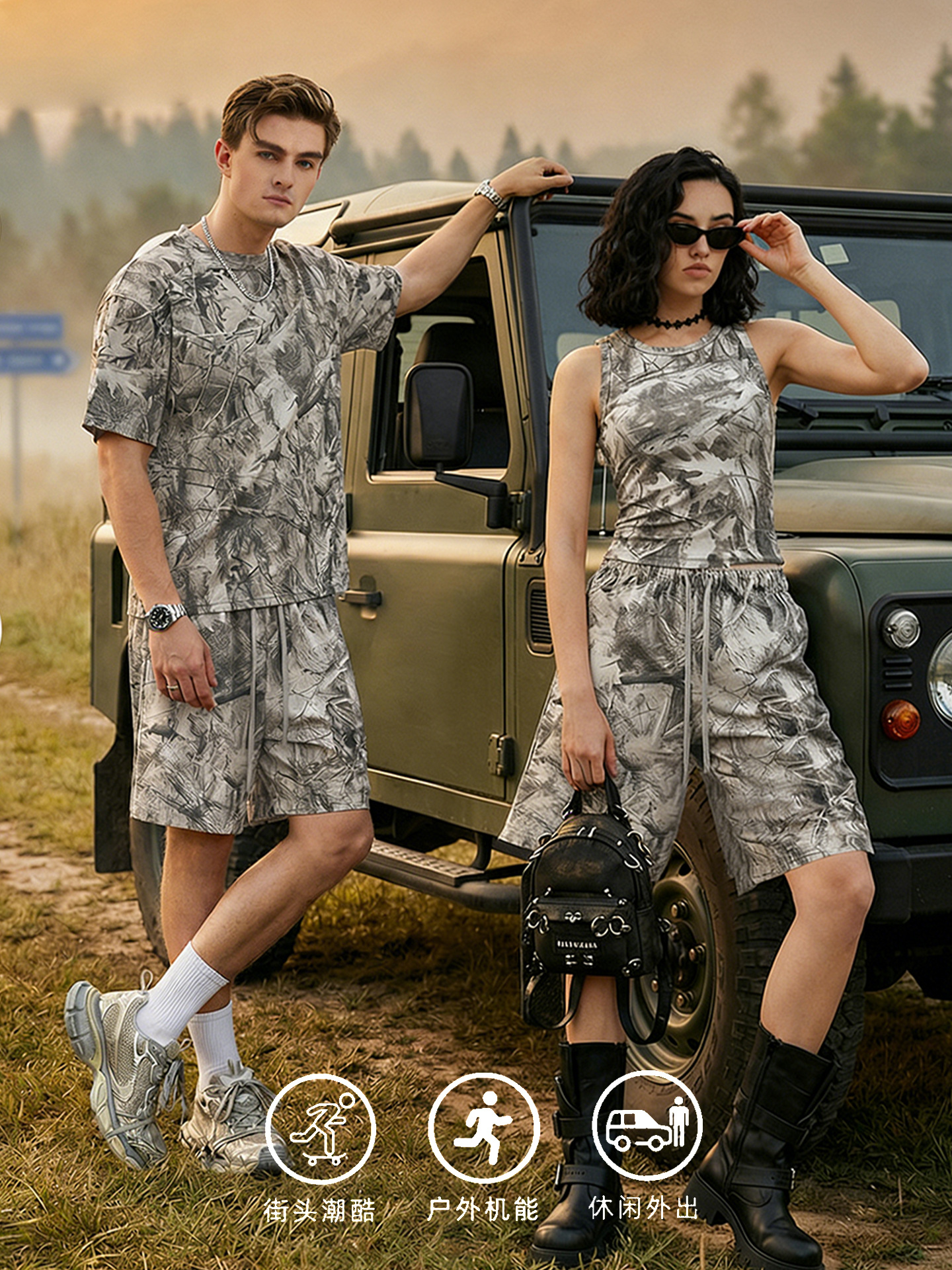 Marca de moda de hombre de verano Europa y América al aire libre camuflaje de mangas cortas chaleco de camiseta delgada cabina pantalones cortos pareja set hombre y mujer image 3