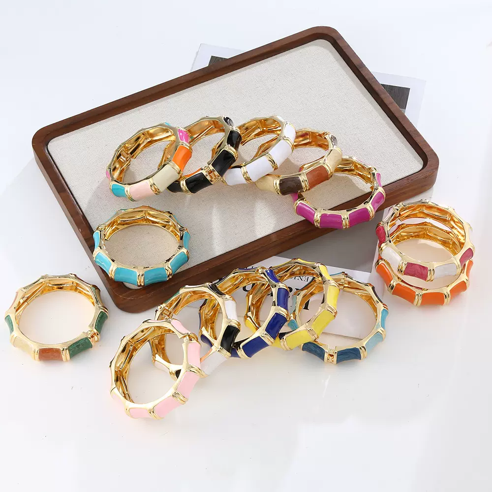 跨境爆款欧美波西米亚竹节创意复古珐琅彩滴釉手镯高级感时尚光面