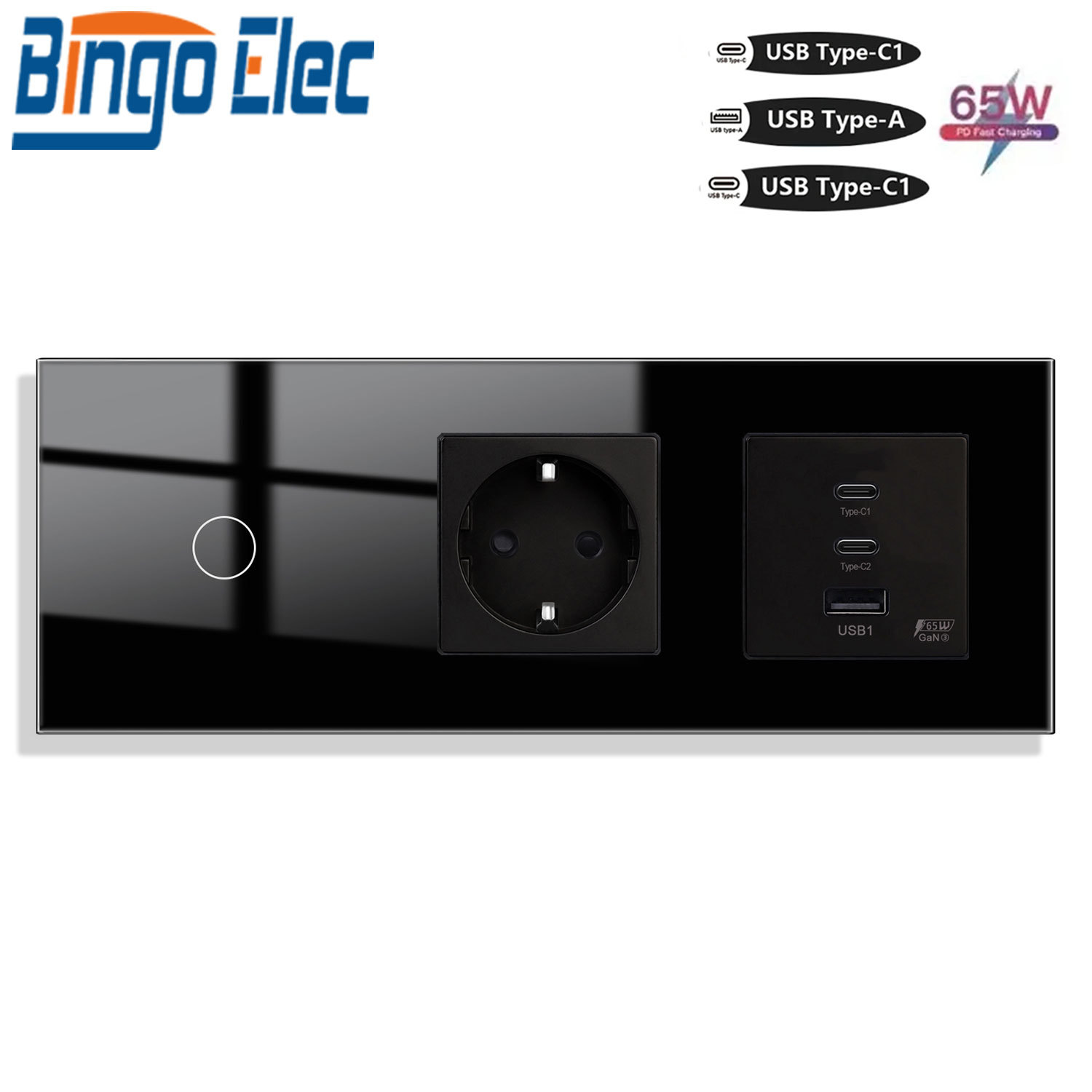 1G触摸开关+德插65w快充USB/Type-c德式插座带接地俄罗斯插座黑色